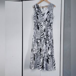 Atelier Black and White Animal Print Midi Dress